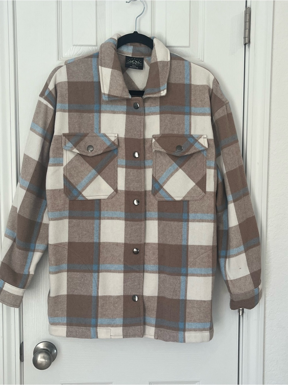 Plaid Snap-Front Shacket in Cream & Brown